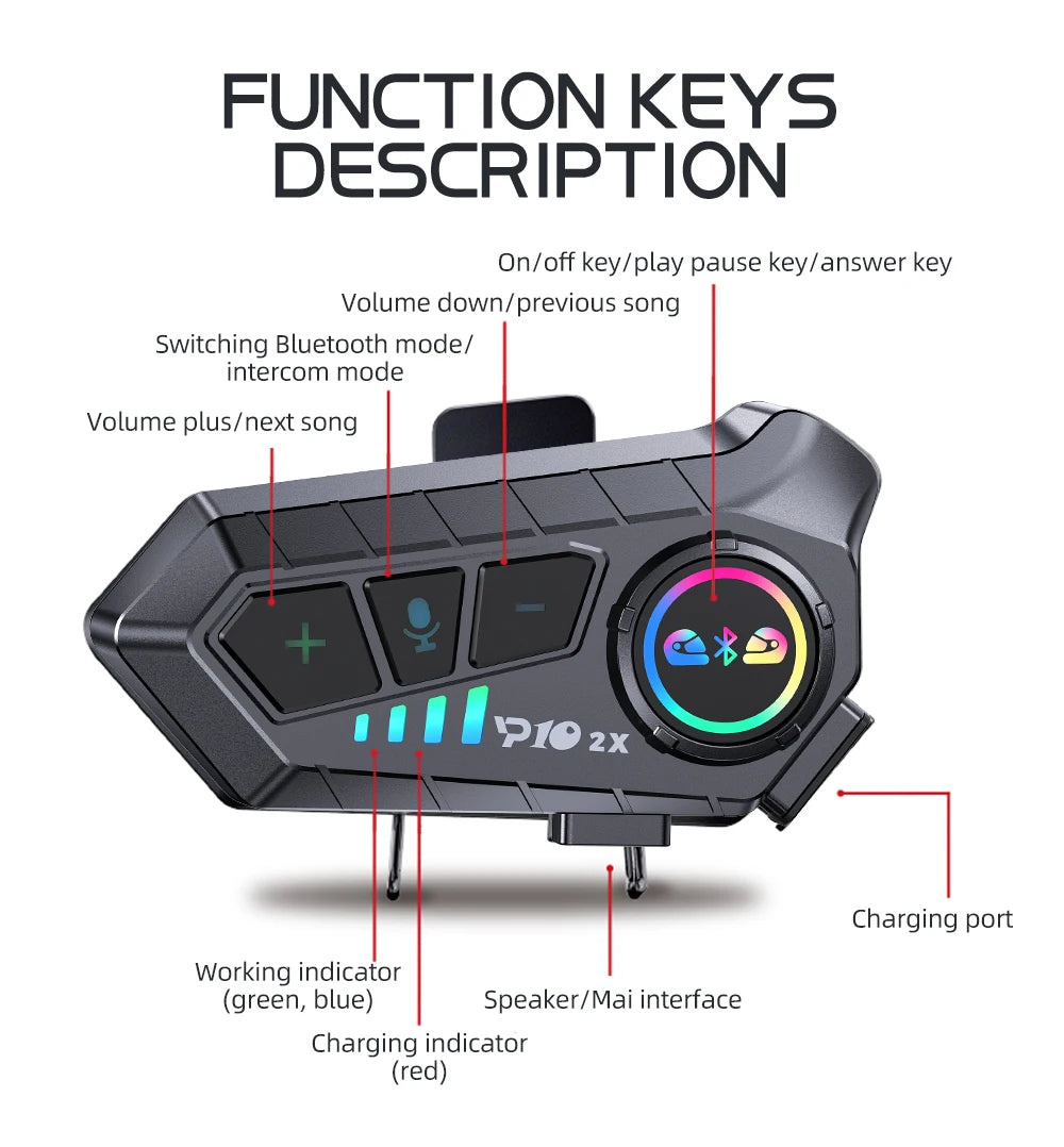 P10 2X Motorcycle Helmet Intercom (2-Rider, 300m, IPS6, BT 5.3)