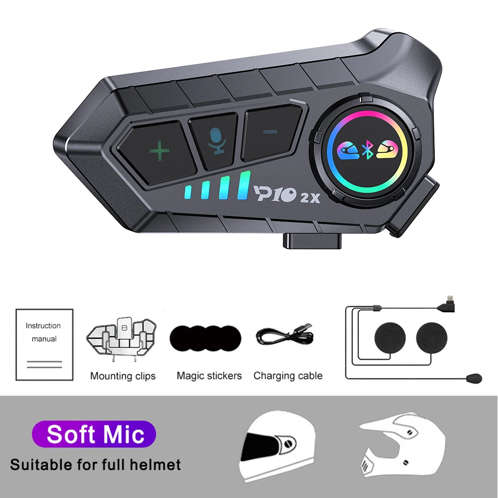 P10 2X Motorcycle Helmet Intercom (2-Rider, 300m, IPS6, BT 5.3)
